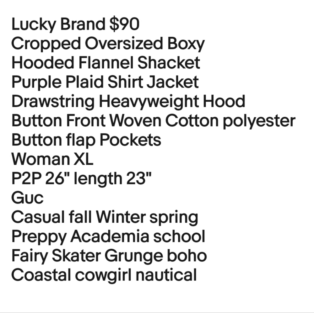 Lucky Brand Hooded Flannel Shacket Woman Sz XL Purple Plaid Cropped Shirt Jacket - Picture 12 of 12